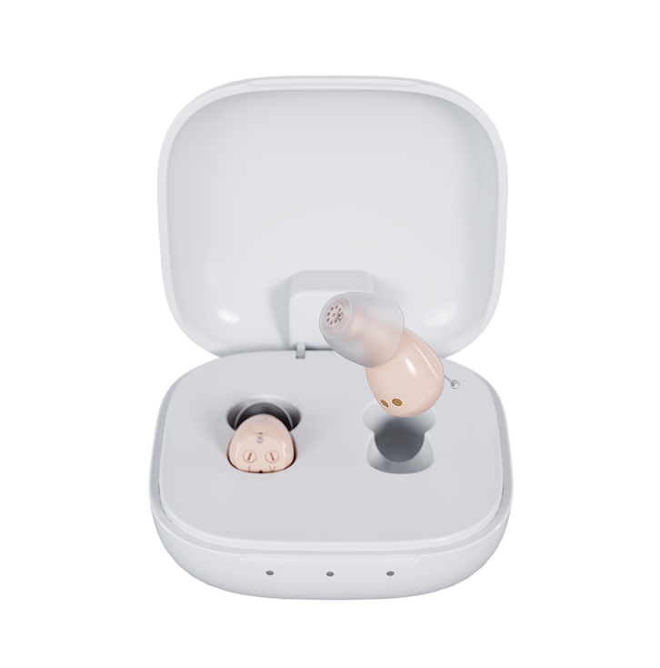 Audien Hearing Atom One hearing aids in open square charging case with one device elevated


